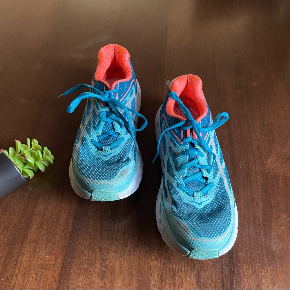 HOKA One One Clifton 3 BLUE JEWEL / NEON CORAL Running Shoes Size 9.5